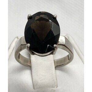 Dark Brown Smoky Quartz Solitaire Ring‎ Size 9 Sterling Silver 925 Ring 7g